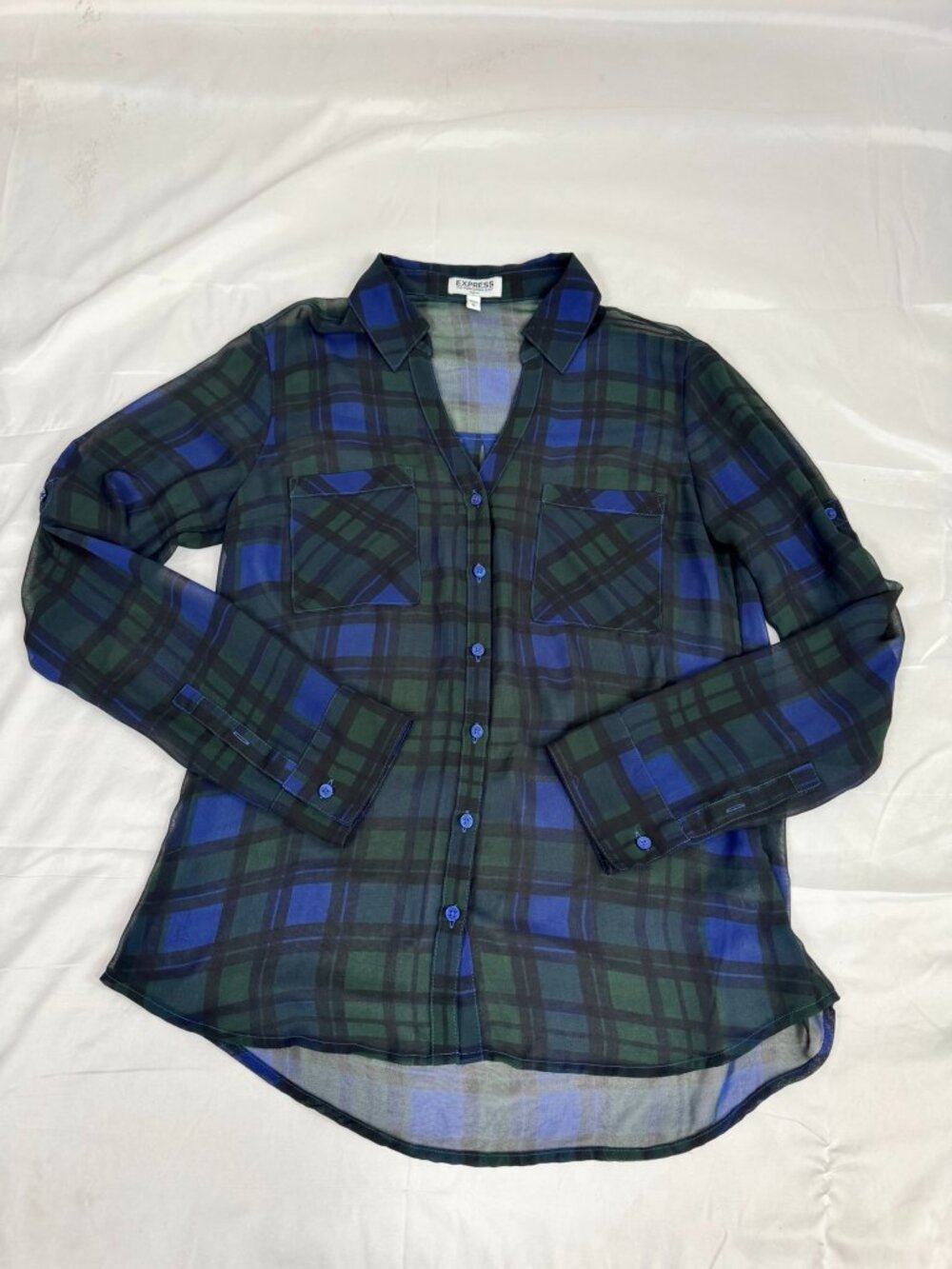 Express Plaid Sheer Blouse Size S Blue Green Button Front Portofino Style Top